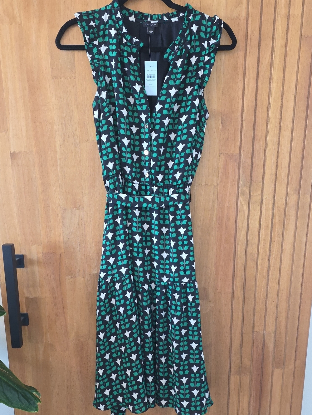 Ann Taylor Black Midi Dress with Green & White Floral Print